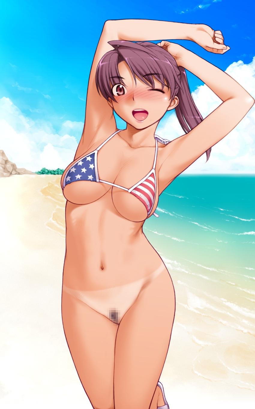 american_flag american_flag_bikini armpits arms_up beach bikini bikini_top blush bottomless brown_eyes brown_hair censored chinatsu chinatsu_(sweet_home) cloud clouds female female_only flag_print furuhashi_chinatsu game_cg highres human kiriyama_taichi large_breasts long_hair mosaic_censoring ocean ponytail pubic_hair pussy sky solo stretch sweet_home swimsuit tan tanline tied_hair wink