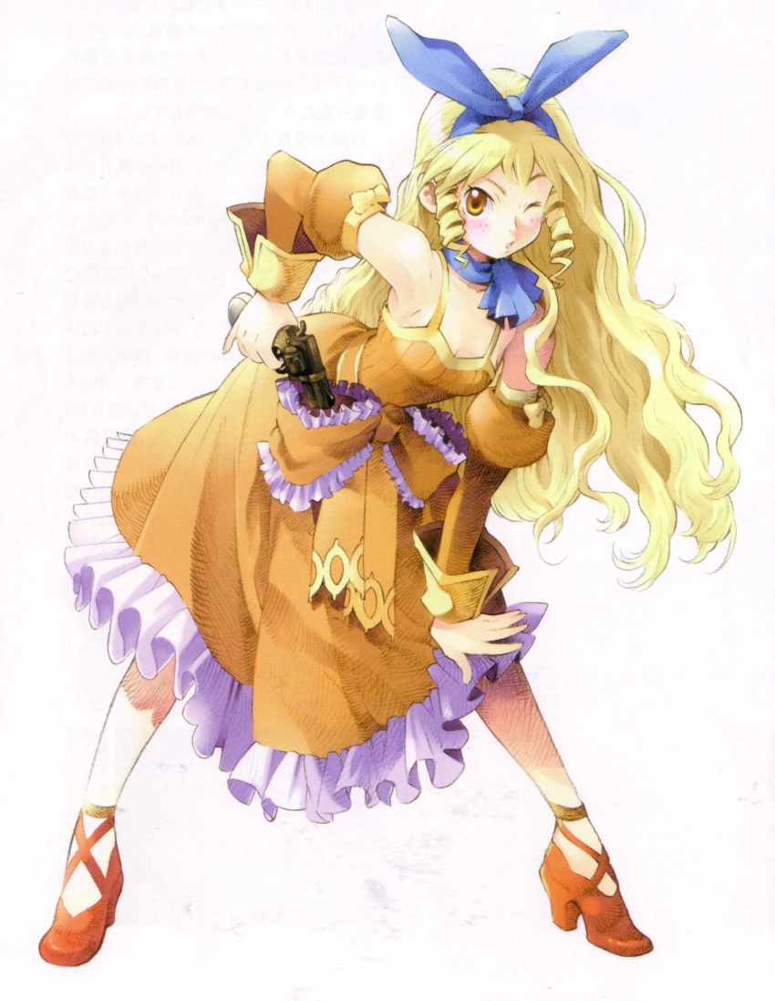 blonde_hair calamity_jane collar dress drill_hair frills gun handgun highres jane_maxwell leaning_forward long_hair official_art ooba_wakako orange_dress pinky_out revolver solo weapon white_background wild_arms wild_arms_1 wild_arms_alter_code_f