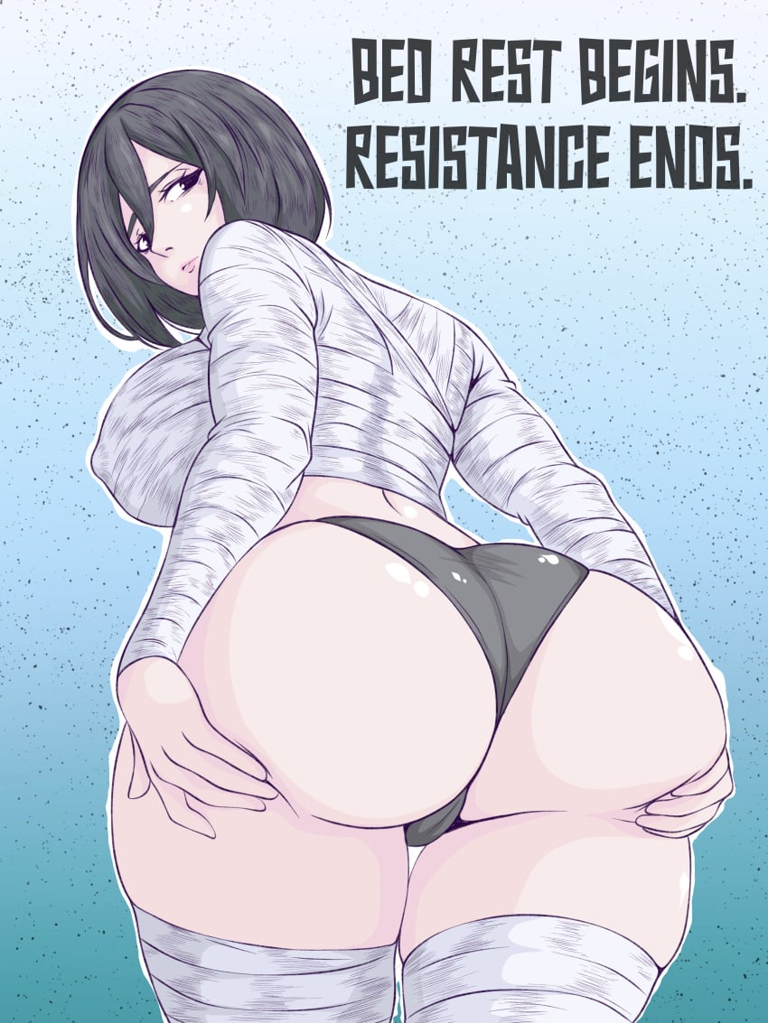 1girls 2d ass ass_focus attack_on_titan bandages black_hair bzzch clothed english_text female female_only holding_own_ass large_ass large_breasts looking_back mikasa_ackerman panties pokies shingeki_no_kyojin solo solo_female