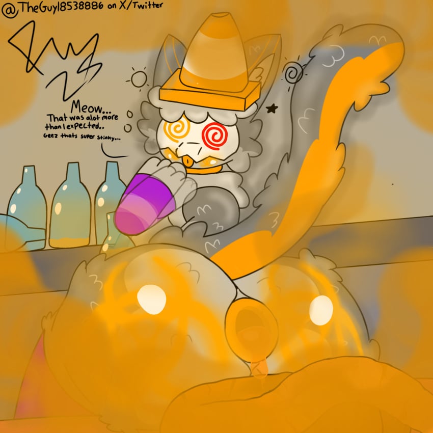 alcohol anthro anus ass balls beverage big_butt biohazard_symbol blush bodily_fluids bone digital_media_(artwork) domestic_cat drunk fanning_nose fart fart_cloud fart_fetish feces felid feline felis femboy freeway_(freewaythecat) freewaythecat fur genitals grey_body hair hazard_symbol hi_res huge_butt male mammal mask nude orange_body orange_fur puffy_anus raised_tail simple_background skull skull_mask solo spiral_eyes substance_intoxication symbol tail text tongue traffic_cone
