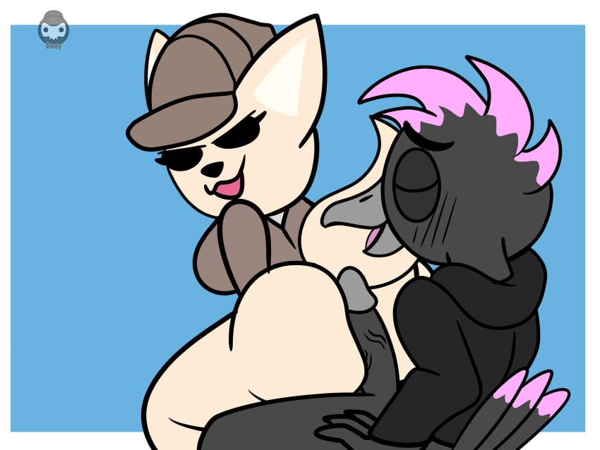 2023 aggressive_retsuko aggretsuko anthro corvid crow daryl_(cringebird) detective detective_hat detective_outfit female fennec fennec_fox fenneko furry genitals gooeysin hot_dogging humanoid_genitalia humanoid_penis nonbinary penis tagme