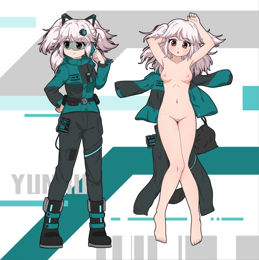 51qu_de_yeying :o absurdres armpits barefoot belt belt_pouch black_pants blush boot_straps boots breasts brown_eyes collar collarbone command_&amp;_conquer command_&amp;_conquer:_red_alert command_&amp;_conquer:_red_alert_2 completely_nude female fingernails foehn_revolt foehn_revolt_symbol goggles green_jacket hair_down hair_undone headphones highres jacket looking_at_viewer lying mental_omega_(mod) military multi-tied_hair multiple_views navel nipples nude on_back pants pda pink_hair pouch reference_sheet sidelocks small_breasts straight-on thighs toenails toes unworn_clothes yunru_(mental_omega)
