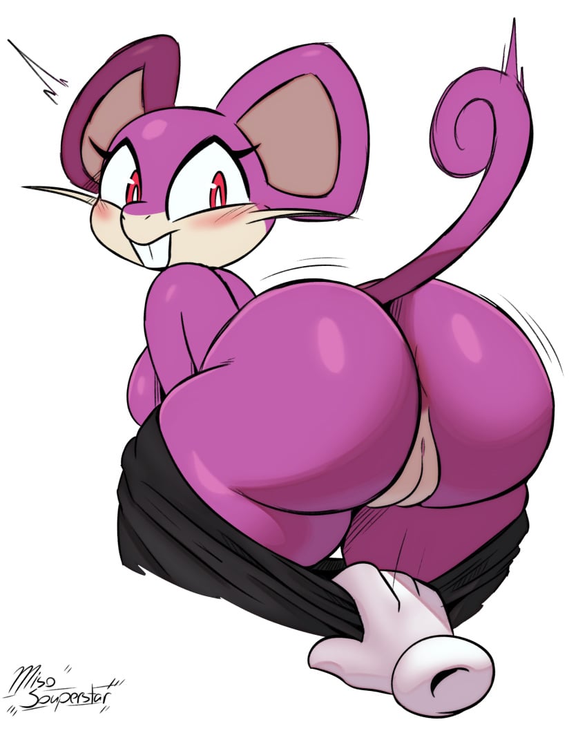 2d 2d_(artwork) 2d_artwork anus anus_peek artist_name artist_signature blush blush_lines blushing_at_viewer blushing_female bubble_ass bubble_butt exposed_pussy female furry furry_female furry_only generation_1_pokemon miso_souperstar pok&eacute;mon_(species) pokemon pokemon_(species) pokemon_species pulling_down_pants rat rattata shocked shocked_expression