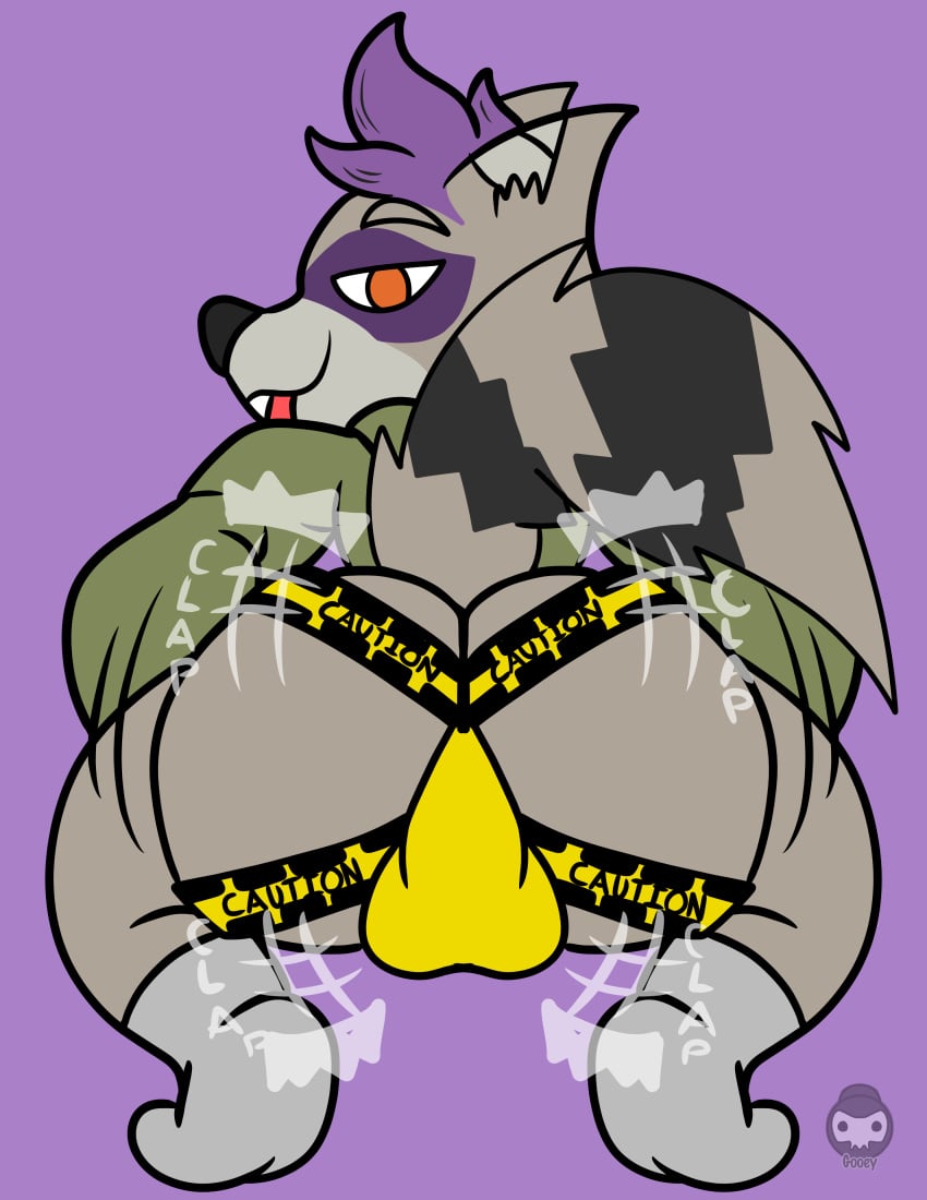 2023 anthro ass ass balls bulge clothing daryl_(cringebird) furry gooeysin hoodie jockstrap looking_at_viewer looking_back nonbinary onomatopoeia raccoon socks tagme tail text twerking
