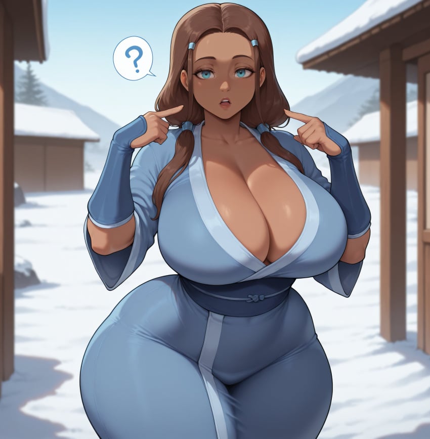 ai_generated athletic_female avatar_legends avatar_the_last_airbender bare_thighs blue_eyes brown_hair dark-skinned_female dark_skin gigantic_breasts huge_breasts huge_thighs katara long_hair looking_at_viewer massive_breasts smogai solo_female squatting sweat sweatdrop thick_body thick_female thick_thighs thighs thighs_bigger_than_head twintails voluptuous voluptuous_female