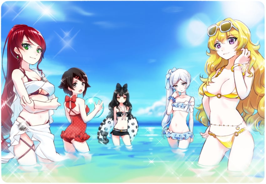 5girls ball bikini black_hair blake_belladonna blonde_hair bow breasts cleavage clothing cloud cyan_eyes dokur01 earrings faunus female female_only green_eyes grey_eyes human jewelry large_breasts long_hair multiple_girls ocean outdoors ponytail purple_eyes pyrrha_nikos red_hair ruby_rose rwby short_hair sky sunglasses swa660w swimsuit team_rwby tied_hair water weiss_schnee white_hair yang_xiao_long yellow_eyes