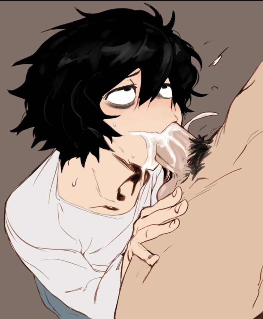 2boys big_penis black_hair blowjob cum death_note emo eye_bags gay gay_blowjob gay_sex horny_octopus jeans l_lawliet looking_up male_only overflowing_cum pubic_hair sucking_penis throatpie white_shirt