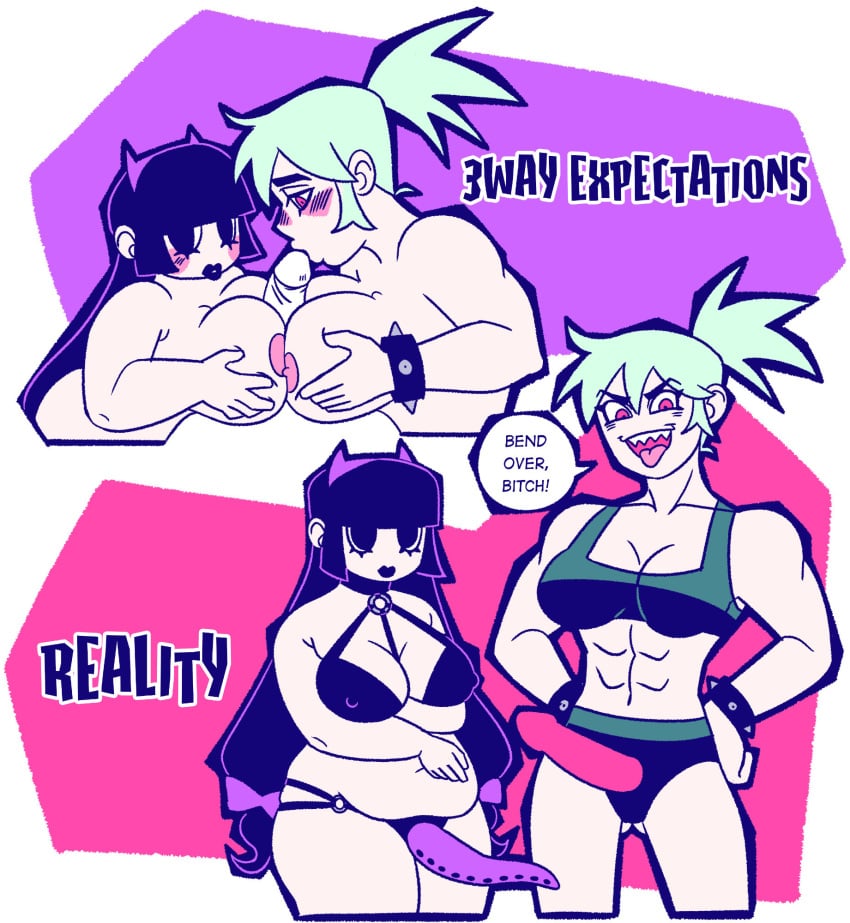 2025 black_hair black_lipstick breasts cherishedlemon chubby chubby_female dildo double_paizuri goth green_hair harness long_hair muscular muscular_female nipple_bulge nipples original original_character penis ponytail sharp_teeth spiked_bracelets strap-on tentacle_dildo threesome toned