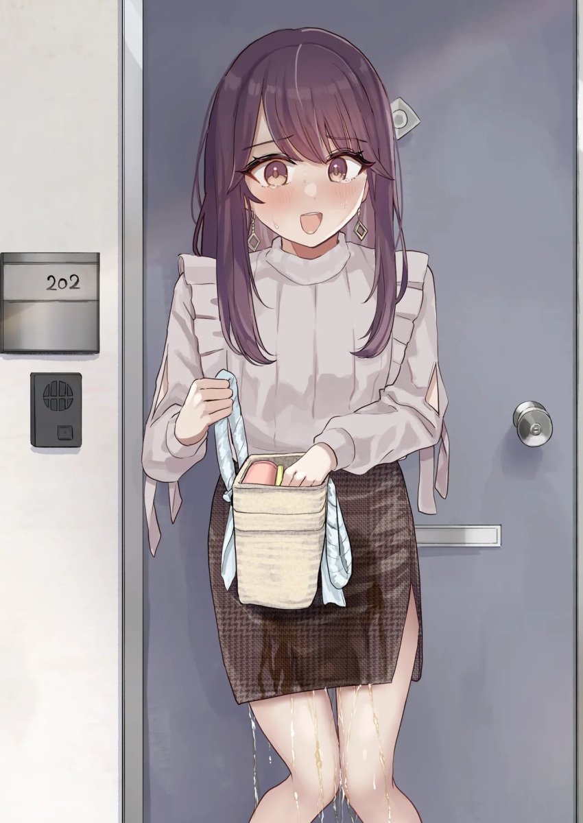 1girls blush door earrings female noa_cell omorashi open_mouth original peeing peeing_self pencil_skirt purple_eyes purple_hair skirt tears wet wet_clothes wet_skirt wetting wetting_self