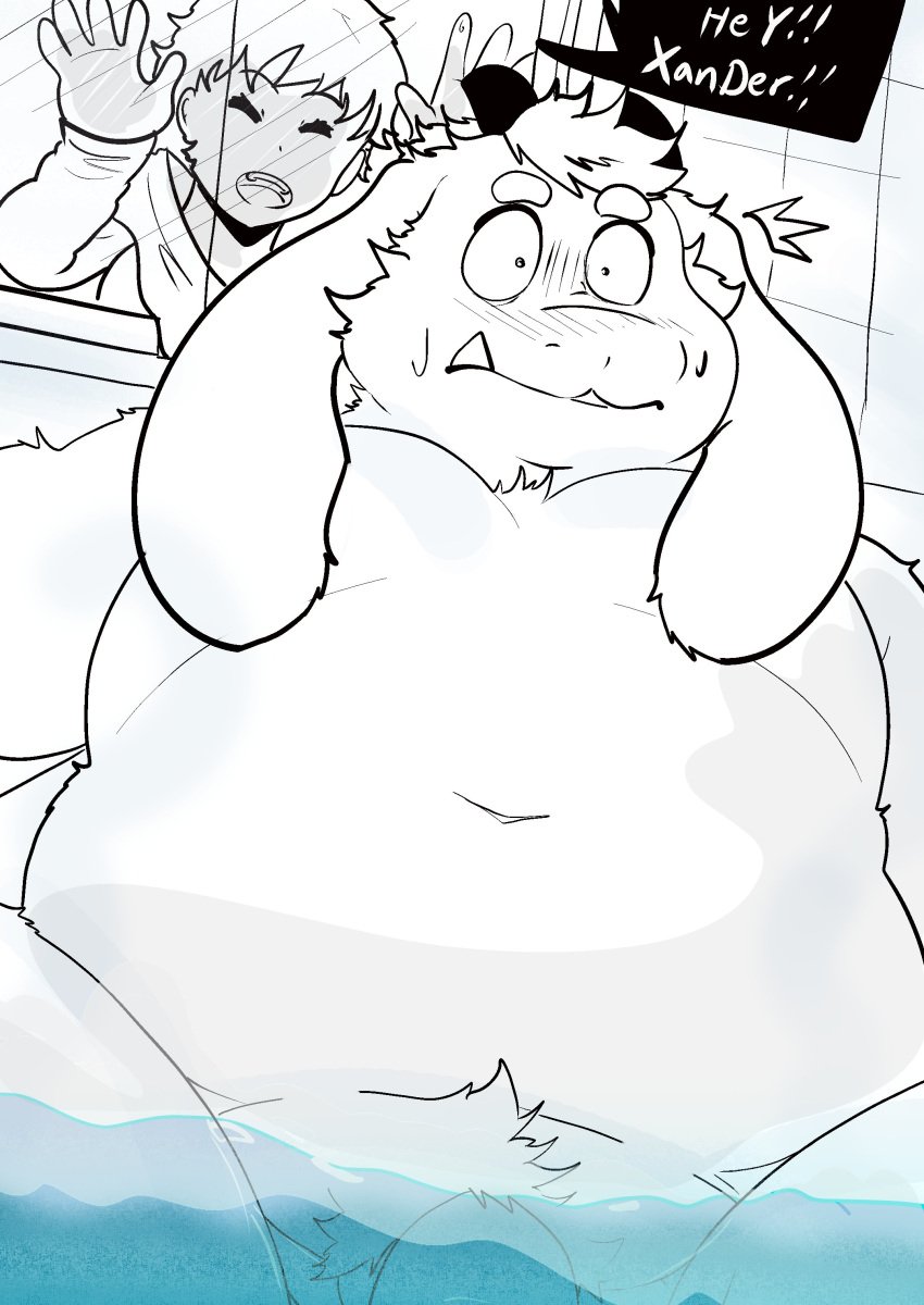 absurd_res anthro bathing belly blush duo embarrassed female flaccid floppy_ears fupa genitals hi_res horn human male mammal nude overweight partially_submerged penis penis_base pubes rinhatsuyuki water