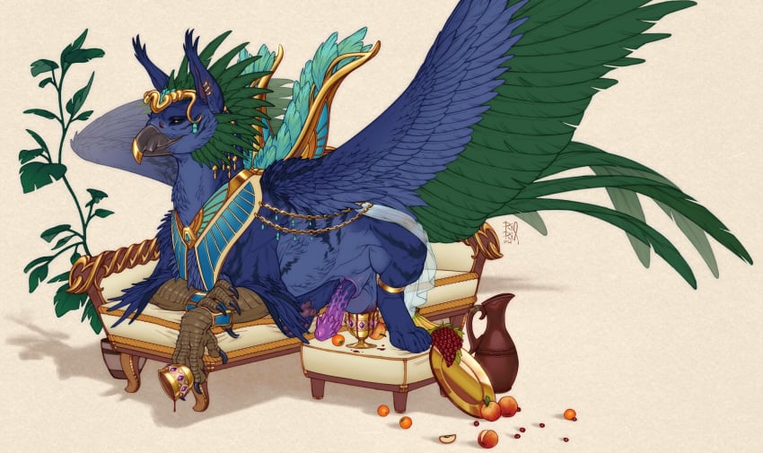 animal_genitalia avian balls beak blue_balls blue_body blue_feathers blue_penis blue_sheath blue_wings dirty erection feathered_wings feathers feral food furniture genitals green_wings grey_beak gryphon hi_res looking_at_viewer lying male mouth_closed mythological_avian mythological_creature mythology narrowed_eyes on_front on_sofa orange_eyes penis purple_penis riorix sheath simple_background sofa solo wings