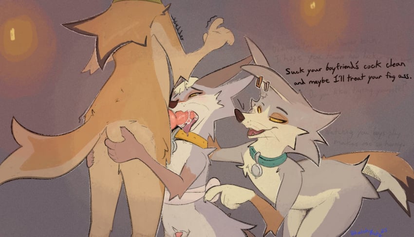 animal_genitalia animal_penis anthro assisted_oral bisexual bodily_fluids canid canine canine_genitalia canine_penis canis collar coyote cum cum_in_mouth cum_inside ear_piercing female genital_fluids genitals group male male/female male/male mammal oral penis piercing sketchy_futz text trio