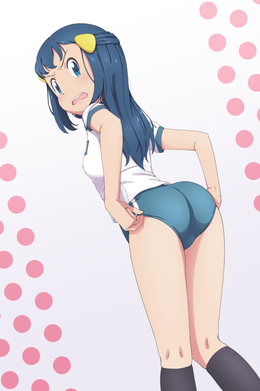 adjusting_clothes ass back_view bare_arms bare_legs bare_thighs black_socks blue_buruma blue_eyes blue_hair blush breasts buruma dawn_(pokemon) gym_uniform hairclip long_hair medium_breasts parted_lips pokemon scarletsky short_sleeves socks thighs white_shirt