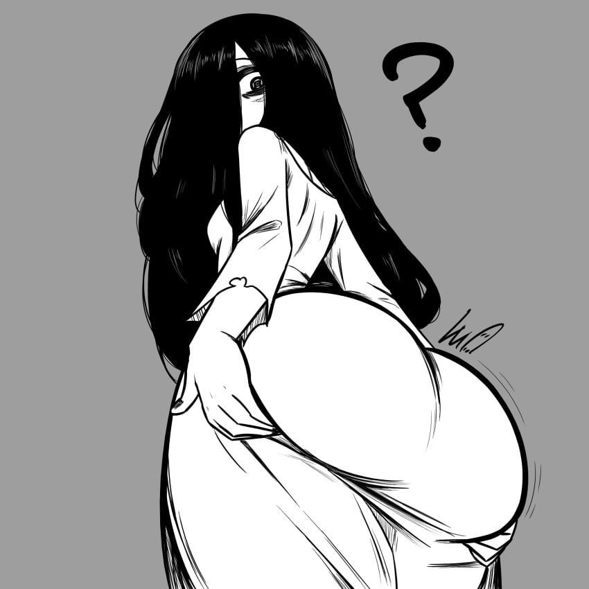 1female 1girls 2025 2d 2d_(artwork) ? ass big_ass big_butt black_hair clothed female female_only grayscale greyscale high_resolution highres lughost one_eye_covered one_eye_obstructed simple_background solo solo_female the_ring yamamura_sadako