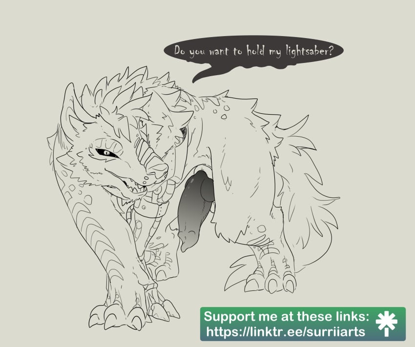 2025 absurd_res animal_genitalia animal_penis black_sclera canine_genitalia canine_penis claws dialogue erection feral fervis_(razim) genitals hi_res knot knotted_penis loth-wolf male mechanical_leg paws penis quadruped scales theottersurrii toe_claws