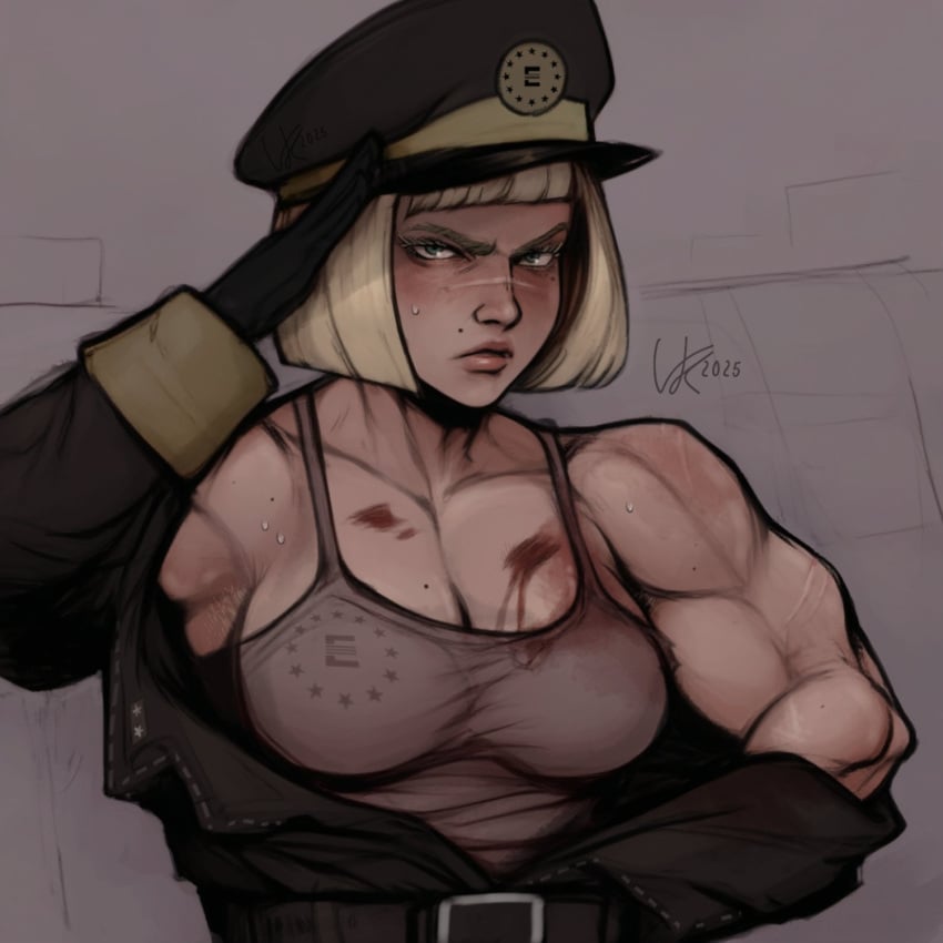 1girls beefy biceps black_gloves blonde_female blonde_hair blonde_hair blonde_hair_female blood_splatter blood_stain digital_art digital_drawing_(artwork) digital_media digital_media_(artwork) enclave_(fallout) fallout female female_focus female_only flexing flexing_arms flexing_bicep flexing_muscles hairy_armpits krautvan military military_hat military_uniform muscle_girl muscle_mommy muscles muscular muscular_arms muscular_chest muscular_female oc original_character original_characters salute scar scar_on_face strong strong_female tank_top vankraut white_body white_hair white_skin