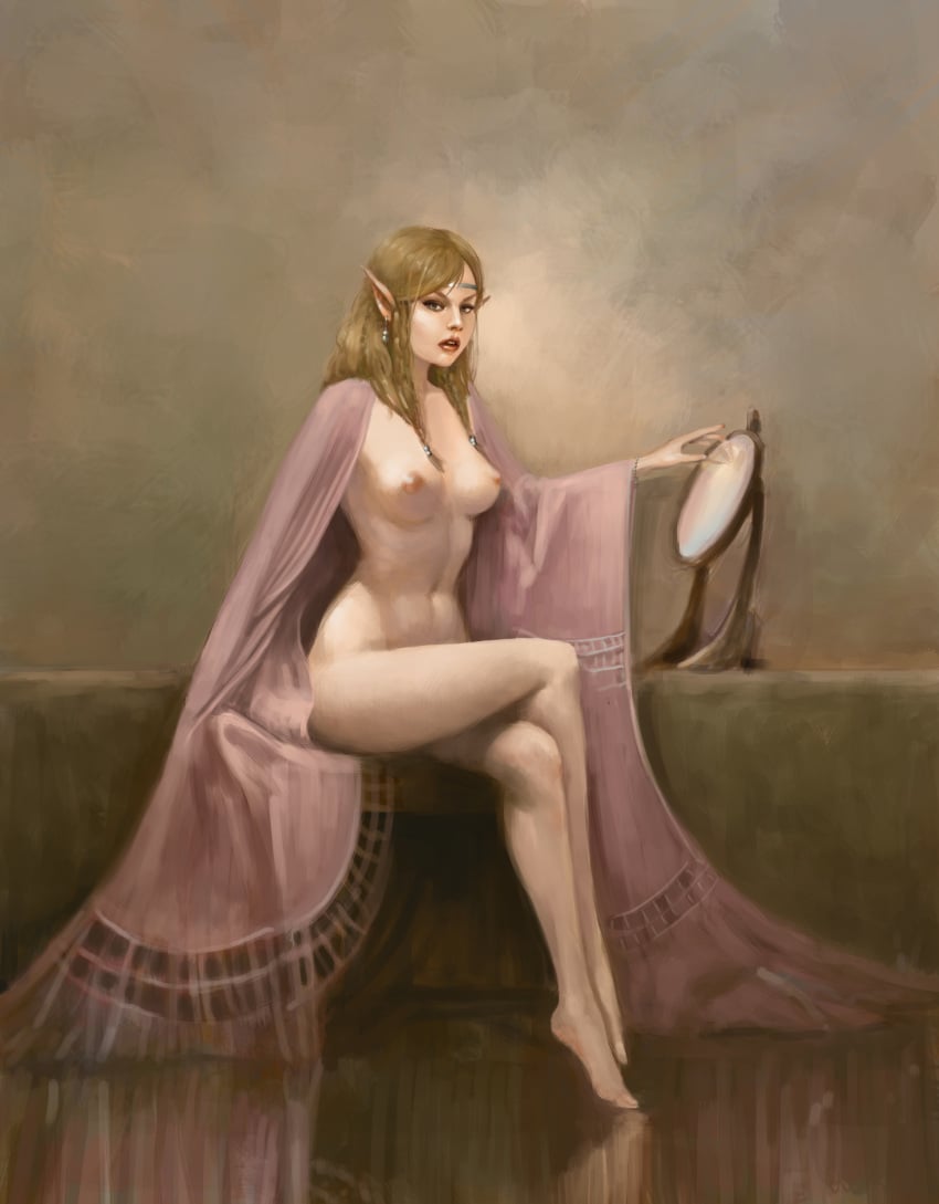 1girls absurdres barefoot blonde_hair blue_eyes bracelet breasts casual cloak clothing crossed_legs earring female highres humanoid hylian long_hair looking_at_viewer mirror naked_cloak navel nintendo nipples open_mouth outerwear painting_(artwork) pale_skin pointy_ears portrait princess_zelda solo the_legend_of_zelda yneddt