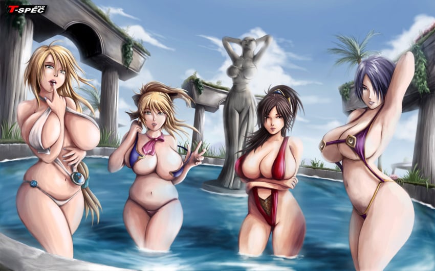 2d 2d_(artwork) 2d_artwork 4girls arms_crossed arms_crossed_under_breasts bandai_namco beautiful bikini blonde_hair bob_cut breasts brown_hair cassandra_alexandra curvy curvy_figure day daytime digital_drawing_(artwork) digital_media_(artwork) female finger_on_lip hand_behind_head hourglass_figure hourglass_figured_female human human_female isabella_valentine large_breasts lips mature_female multiple_girls pillar pillars pool pose posing revealing_clothes skimpy_clothes smile smiling sophitia_alexandra soul_calibur standing_in_water statue stripping t-spec taki white_hair