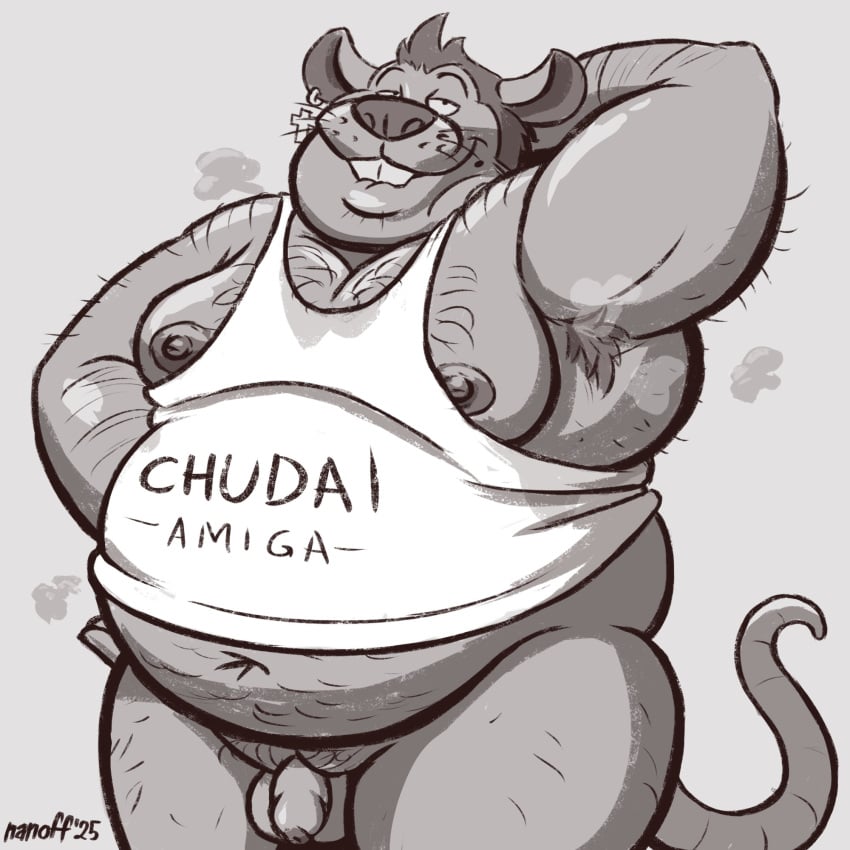 2025 anthro arm_hair armpit_hair balls belly belly_hair big_belly body_hair clothing ear_piercing flaccid foreskin genitals hi_res leg_hair male mammal mouse murid murine musk nanoff navel overweight overweight_male penis piercing rat rodent shirt simple_background solo text text_on_clothing text_on_shirt text_on_topwear topwear