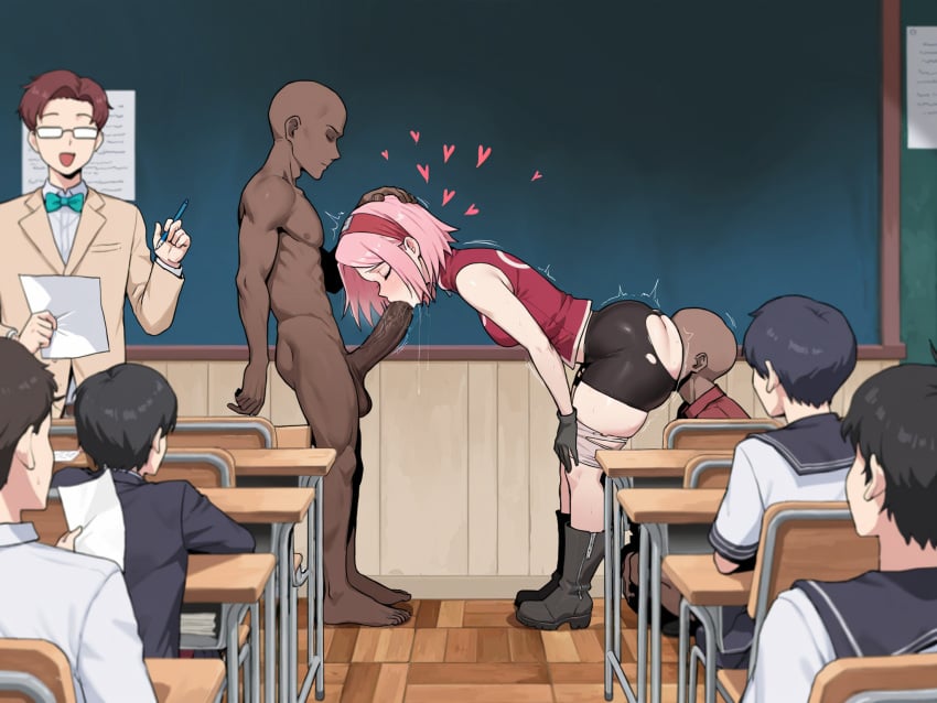 1girl 7boys ai_assisted ai_generated anilingus ass_licking bent_over big_ass big_butt big_penis bike_shorts black_boots black_gloves black_shorts boots chair chalkboard classroom classroom_desk dark-skinned_male desk drooling exhibitionism face_on_ass fellatio female free_use gloves hand_on_head headband huge_cock interracial large_ass large_penis long_penis male naked_male naruto naruto_(series) pink_hair public public_indecency public_nudity public_sex red_shirt sakura_haruno school school_uniform shorts student teacher