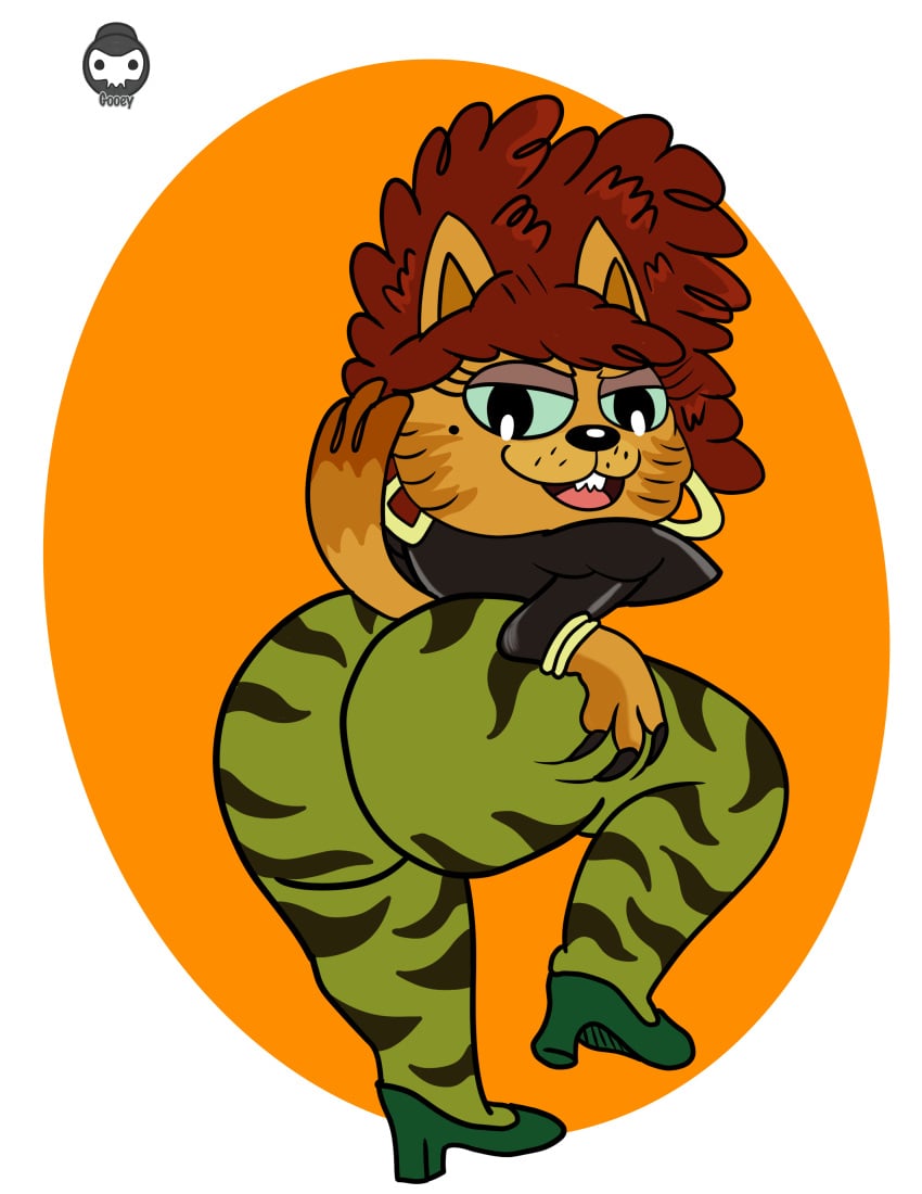 2022 anthro ass ass clothed earrings felid feline feline female furry gooeysin hand_on_ass high_heels jacket leather_jacket leg_up legs_up looking_at_viewer nasty_cat piercing pig_goat_banana_cricket seductive seductive_look shoes tagme tail