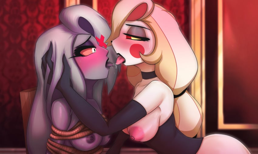 cartoon charlie_morningstar_(hazbin_hotel) hazbin_hotel kissing lesbo nonoise666 vaggie_(hazbin_hotel) yuri