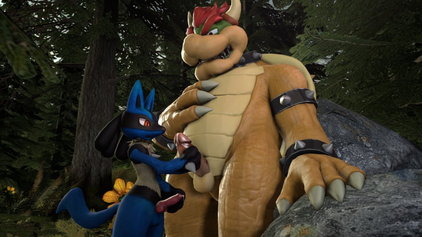 2boys 3d canine crossover duo erection fearsfortears forest highres horn interspecies jackal koopa lucario male male_only mammal mario_(series) multiple_boys nintendo outdoors pokemon pokemon_(species) reptile scalie size_difference source_filmmaker spikes standing tree turtle uncensored yaoi