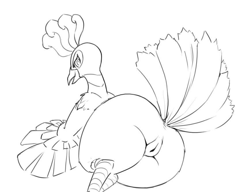 avian female feral ho-oh legendary_pokemon looking_at_viewer looking_back monochrome nintendo pokemon pussy simple_background solo thick_thighs unknown_artist video_games wide_hips