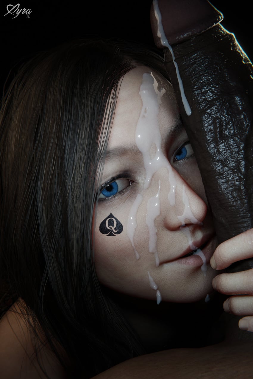 1boy 1boy1girl 1girls 3d 3d_(artwork) blue_eyes brown_hair cheating cheating_wife cum cum_drip cum_on_face dark-skinned_male interracial light-skinned_female looking_at_viewer mia_winters netorare qos qos_tattoo resident_evil resident_evil_8:_village xyra3d