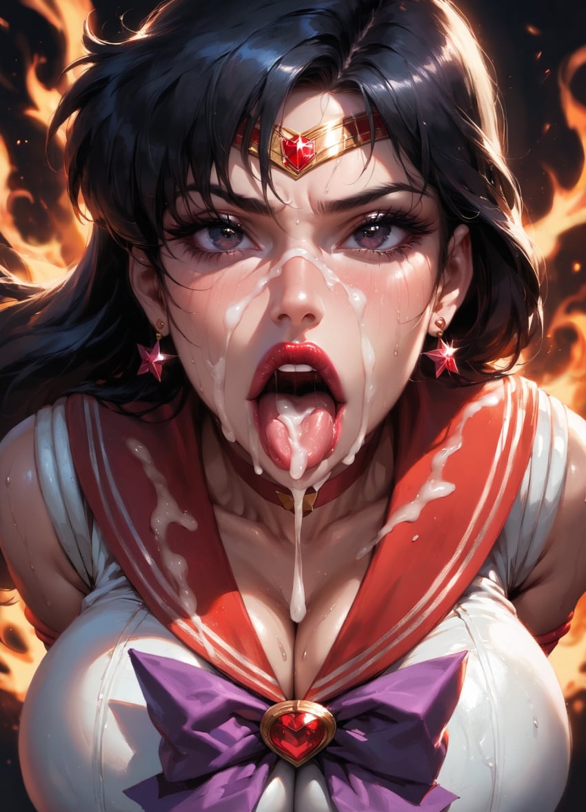 ai_generated bangs big_breasts big_lips bishoujo_senshi_sailor_moon black_hair cleavage close-up close_up_view cum_in_mouth cum_on_breasts cum_on_face dark_background dark_eyes dripping_cum drooling_cum fire_background flames high_quality long_hair looking_at_viewer moonchild41 open_mouth pov purple_bow red_sailor_collar rei_hino sailor_mars sailor_moon sweat toei_animation tongue_out