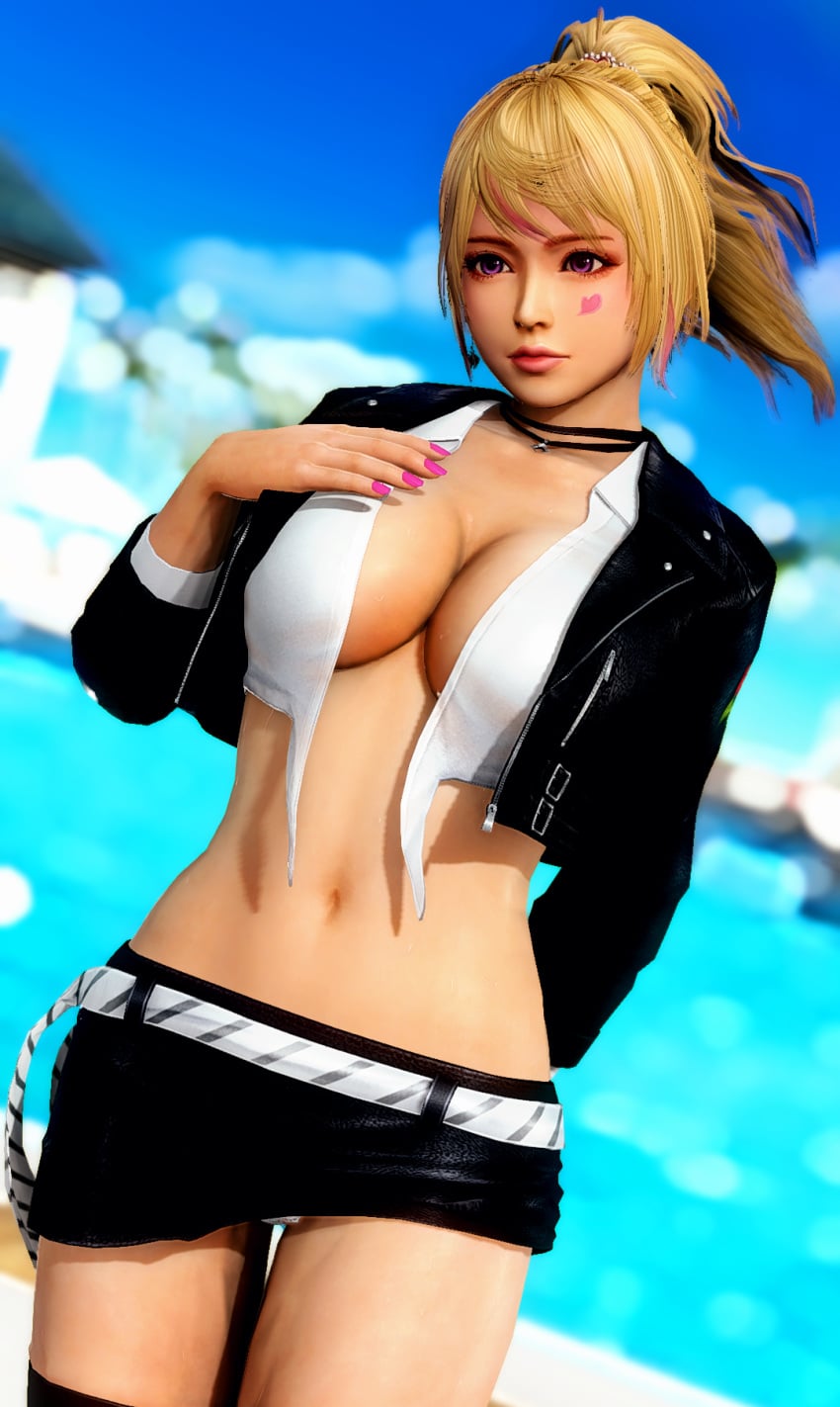 1girls 3d 3dcg absurd_resolution beautiful_woman belly belted_skirt beltskirt black_miniskirt black_skirt black_stockings blonde-haired_female blurred_background braless cleavage dead_or_alive dead_or_alive_xtreme_venus_vacation disinterested double_necklace edited_screencap emotionless emotionless_female femsub filter filtered game_cg heart_tattoo huge_breasts leather_skirt massive_breasts mature_woman miniskirt navel necklace no_bra pink_fingernails pinup purple_eyes short_skirt skirt sovereignknights stockings summer sweating uncaring uncaring_female uninterested uninterested_female upskirt wide_hips yukino_(doa)