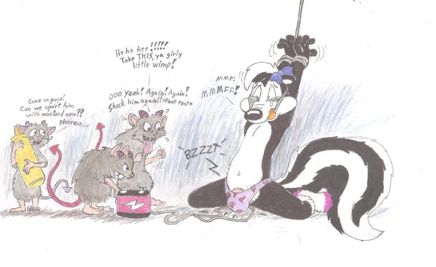 ball_gag bondage bound closed_eyes clothing crying demon electrostimulation food fuzzy_socks gag hands_tied legwear looney_tunes malesub mammal mustard pepe_le_pew sadism skunk smooth_fur socks tears timon-berkowitz torture warner_brothers