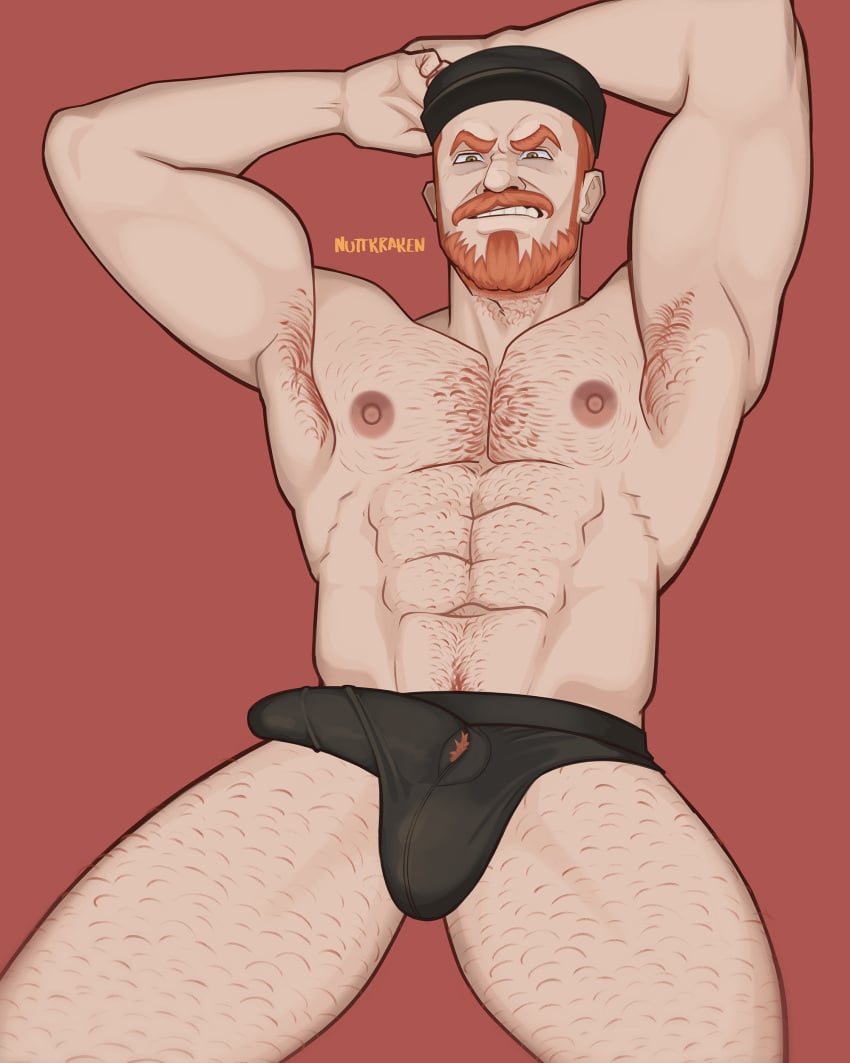 1boy abs armpit_hair bara beard biceps big_bulge bulge erection_under_clothes flaccid hairy_chest male male_nipples male_only male_pubic_hair muscular_male nipples nuttkraken pecs penis_outline solo solo_male underwear