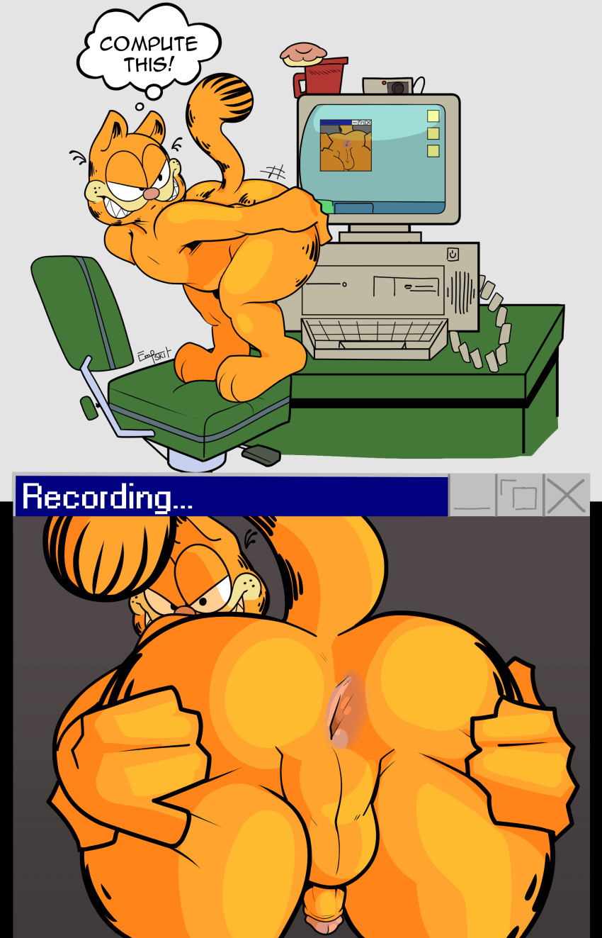 absurd_res anthro anthro_only anthrofied anus ass computer electronics empskit exhibitionism flaccid flashing garfield_(series) garfield_the_cat genitals hi_res male male_only mooning non-human non-human_only paramount_pictures paws,_inc. penis perineum spread_butt spreading text toony