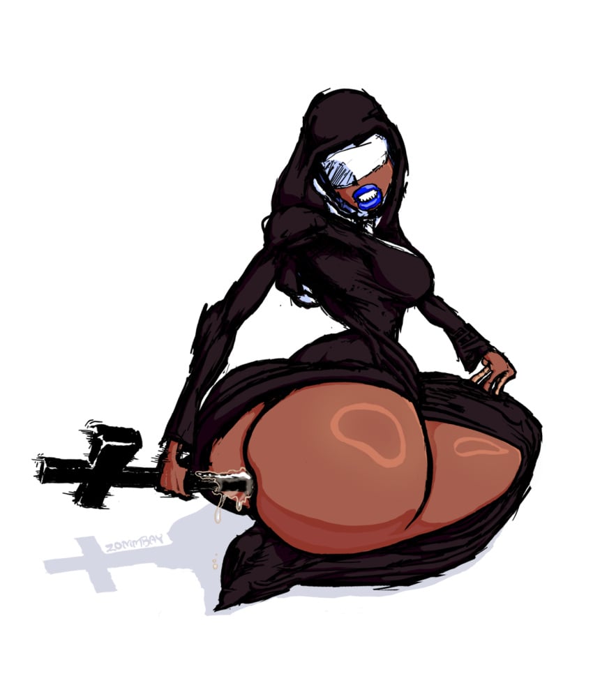 1girls anal anal_masturbation artist_name ass big_ass big_breasts blindfold blue_lipstick bottom_heavy breasts cross dark_skin huge_ass kneeling nun nun's_habit nun_costume nun_outfit sister sitting sitting_on_floor zommbay