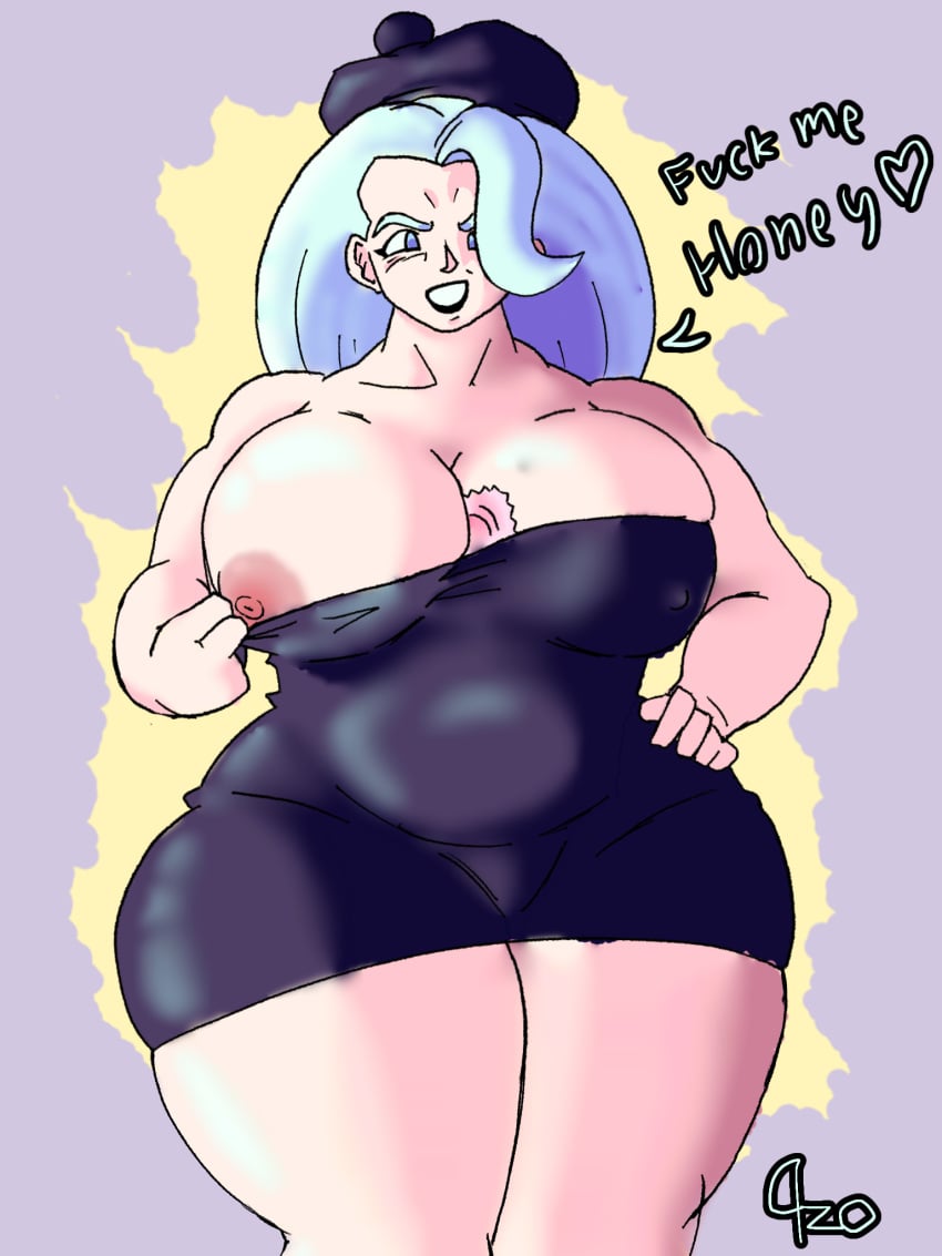 bbw big_areola big_ass big_breasts black_dress black_lipstick blue_eyes chubby chubby_female female female_only horny melony_(pokemon) milf pink_nipples pokemon quezoide quezoide_(artist) thick thick_thighs white_hair white_skin