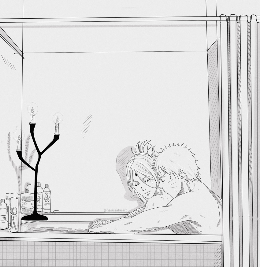 1boy 1girls bandaged_arm bandages bathing_together bathroom boruto:_naruto_next_generations completely_nude cuddling facial_markings female forehead_mark hi_res kissing kissing_neck long_hair male male/female muscular muscular_male narusakuart naruto naruto:_the_last naruto_(series) naruto_shippuden nude partially_submerged petite romantic romantic_couple sakura_haruno short_hair straight toned toned_male uzumaki_naruto watermark wet whisker_markings whiskers