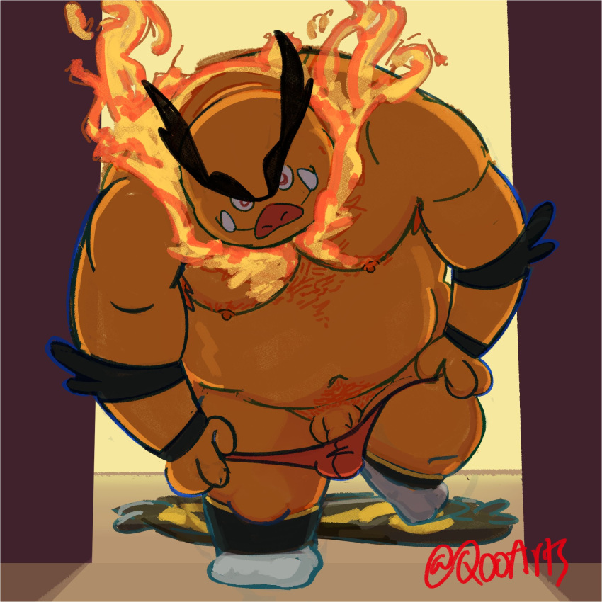 1:1 2024 anthro balls biped black_body black_fur body_hair chest_hair clothing digital_drawing_(artwork) digital_media_(artwork) emboar fire flaming_hair flaming_mane footwear fur generation_5_pokemon genitals half-erect hi_res looking_at_viewer male mammal mostly_nude nintendo orange_balls orange_body orange_fur orange_penis overweight overweight_anthro overweight_male penis pokemon pokemon_(species) pseudo_hair pseudo_mane qooarts red_clothing red_underwear socks solo suina tusks underdressing underwear