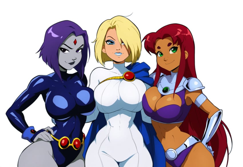 3girls ai_generated alien alien_girl athletic_female big_breasts blonde_hair blue_eyes blue_lipstick breasts cleavage curvy curvy_female dc dc_comics female female_only forehead_jewel gray_body green_eyes grey_skin hand_on_hip koriand&#039;r kryptonian large_breasts leotard lipstick long_hair looking_at_viewer makeup midriff mullon multiple_girls narrow_waist novelai orange_skin power_girl purple_hair rachel_roth raven_(dc) red_hair shiny shiny_clothes short_hair smile starfire superheroine superman_(series) take_your_pick tamaranean thin_waist tight_clothing trio white_background