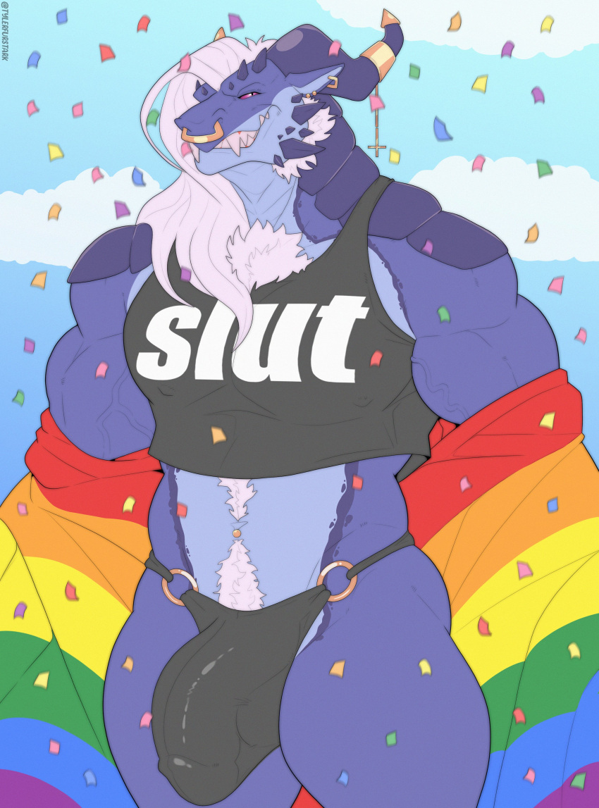 absurd_res animal_humanoid anthro bara blue_body bulge detailed_bulge digital_drawing_(artwork) digital_media_(artwork) dragon facial_piercing fangs hair hi_res horn humanoid male muscular muscular_male mythological_creature mythological_scalie mythology nose_piercing nose_ring outside piercing rainbow_flag rainbow_symbol ring_piercing scalie solo standing teeth tylerstark