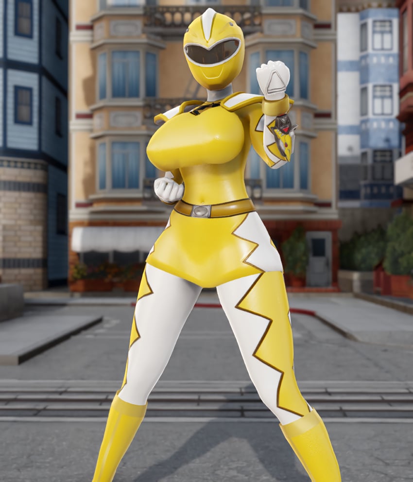 3d abare_yellow big_breasts dezaab large_breasts power_rangers super_sentai superheroine thick_thighs yellow_ranger yellow_spandex