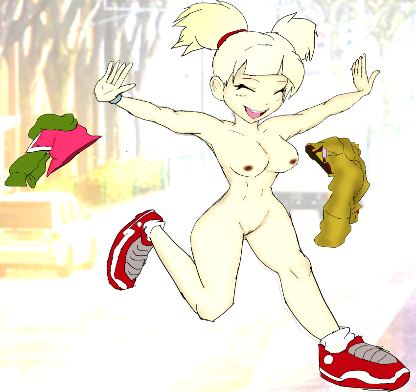 discarded_clothing excited_female exhibitionism gadget_and_the_gadgetinis happy_expression inspector_gadget naked_with_shoes_on penny_gadget public_nudity running sneakers streaking