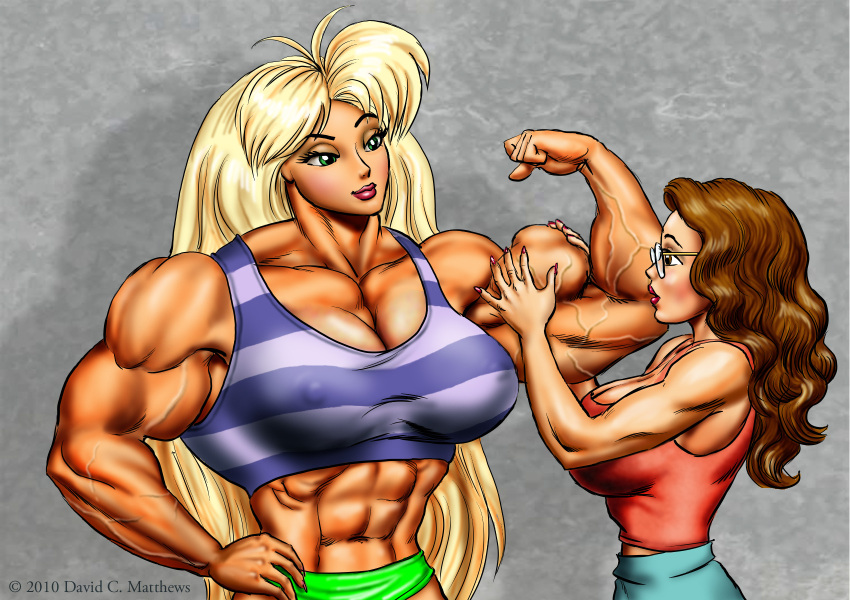 abs biceps big_breasts big_muscles blonde_hair breasts brown_hair dcmatthews female glasses green_eyes hair huge_breasts large_breasts large_muscles long_hair muscles muscular_arms muscular_female muscular_legs muscular_thighs pecs tetsuko