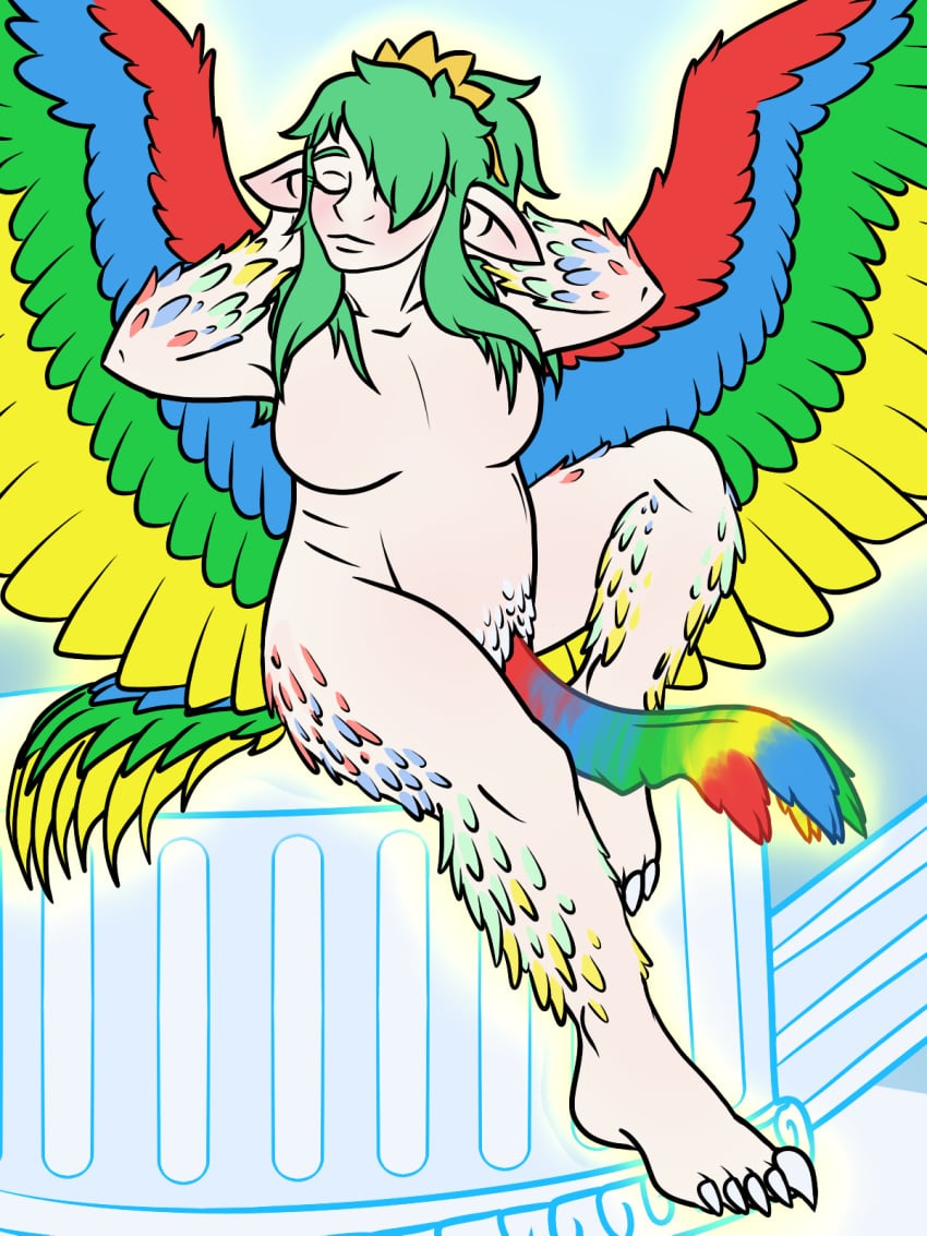 angel breasts claws closed_eyes crown deity feathered_tail feathered_wings feathers female genitals green_hair gynomorph hair headgear hi_res humanoid humanoid_pointy_ears intersex light mother_gaia_(slightly_damned) multicolored_body multicolored_feathers multicolored_genitals multicolored_wings nude pillar sitting slightly_chubby slightly_damned solo tail toe_claws unusual_anatomy unusual_genitalia weird wings