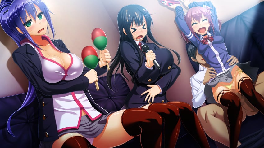 3girls arms_up black_hair blue_hair breasts censored cleavage closed_eyes cum cum_on_hair embarrassed facial game_cg green_eyes grey_skirt highres huge_breasts indoors izumi_kirika kagurazaka_ichigo kanzen_jikan_teishi large_breasts legs long_hair long_sleeves microphone mosaic_censoring multiple_girls open_mouth panties panties_aside parted_lips penetration penis pink_hair satsuki_shiho school_uniform sex singing sitting sitting_on_person skirt small_breasts thighhighs thighs tied_hair time_stop twintails underwear uo_denim vaginal_penetration yellow_panties