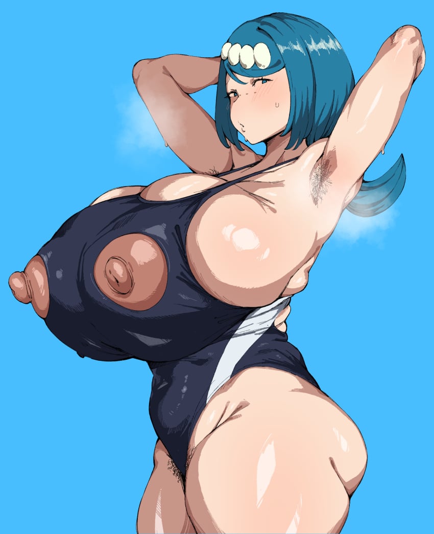 1girls alternate_breast_size armpit_hair armpits ass big_ass big_breasts blue_eyes blue_hair blush breasts breasts_bigger_than_head dutchlomo female freckles hair_ornament huge_breasts lana's_mother_(pokemon) looking_at_viewer mature_female milf nintendo nipples pokemon pokemon_sm pubic_hair swimsuit tied_hair