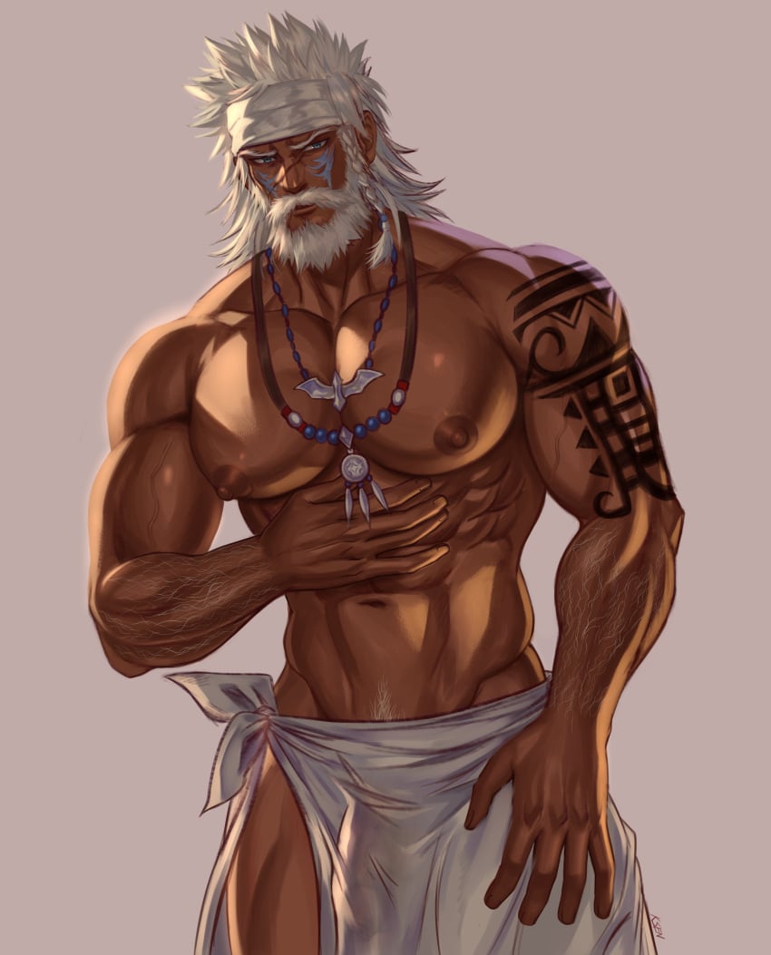 abs bara beard biceps bulge daddy final_fantasy final_fantasy_xiv k_sen212 lyon_rem_helsos male male_nipples male_only manly mature_male muscular_male nipples pecs