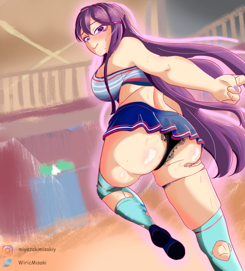 ass big_breasts black_panties breasts butt cheerleader_outfit cheerleader_uniform doki_doki_literature_club huge_ass long_hair panties purple_eyes purple_hair wirichiroga wiricmisaki yuri_(doki_doki_literature_club)