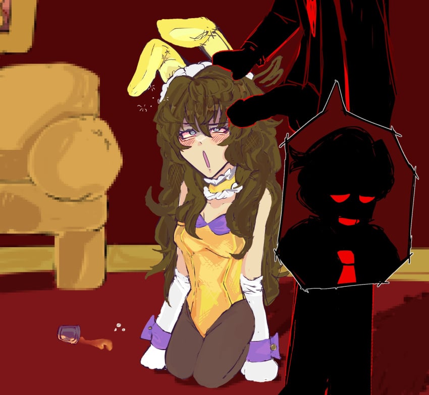 1boy 1female 1female1male 1girls 1male 1male1female blue_eyes blueycapsules bodysuit brown_hair brunette_hair bunny_ears bunnysuit clothed drunk female fnaf genderswap_(mtf) gloves long_hair maid_headdress pills playboy_bunny red_room ruffles rule_63 shadow shadow_creature shot_glass spiral_eyes spring_bonnie spring_bonnie_(fnaf) the_ceo_(blueycapsules) thights whiskey william_afton william_j_afton