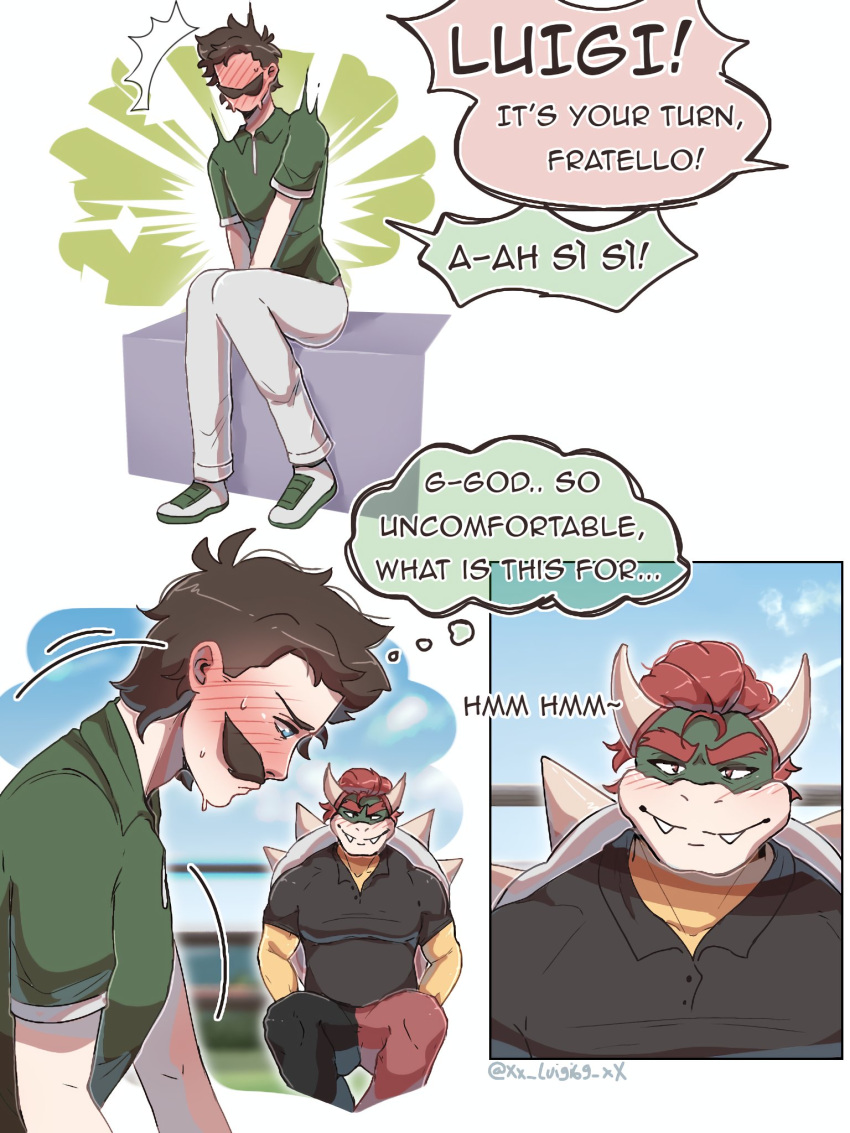 bowser bowuigi comic comic_page embarassed english_text gay luigi male male_only mario_(series) page_3 public yaoi